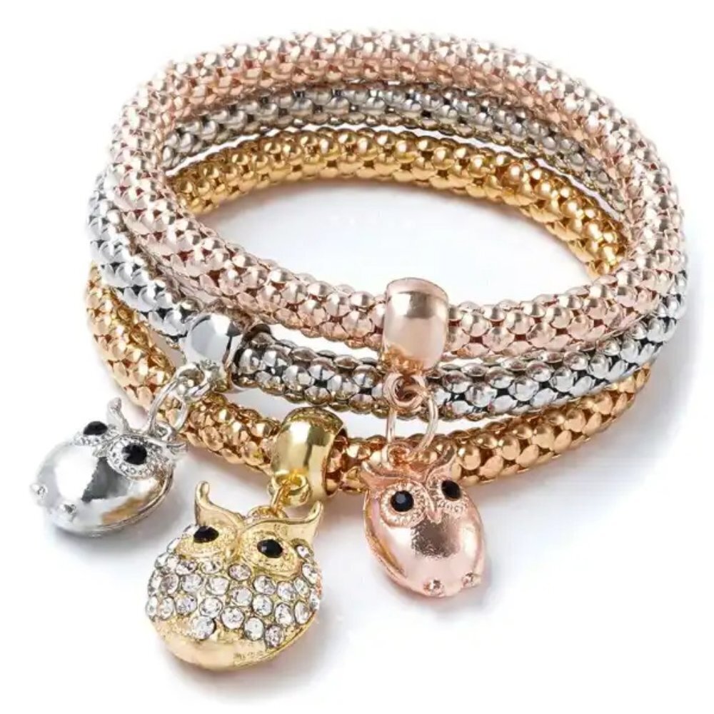 3 Piece Owl Charm Bracelet